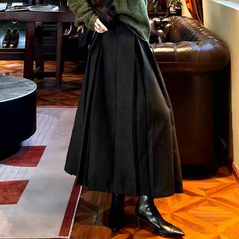 秋冬 レディース ハイウエスト Aライン プリーツ スカート 羊毛混紡 グレー カジュアル 復古 スタイル ミディ丈 膝下丈 暖か 暖房 防寒 ウール 混 紡績 欧米風 ヴィンテージ モード フェミニン 日常使い 通勤 通学 デート コーデ 着回し レイ