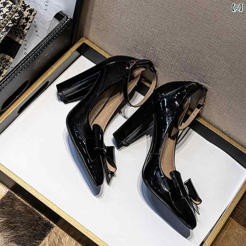 ハイヒール パンプス レディース シンプル ポインテッドトゥ 厚底 快適 浅口 一字ストラップ バックル リボン スカート合わせ シングルシューズ 汎用 女性用 歩きやすい スタイリッシュ 日常使い フォーマル カジュアル 足元おしゃれ トレンド デザイ