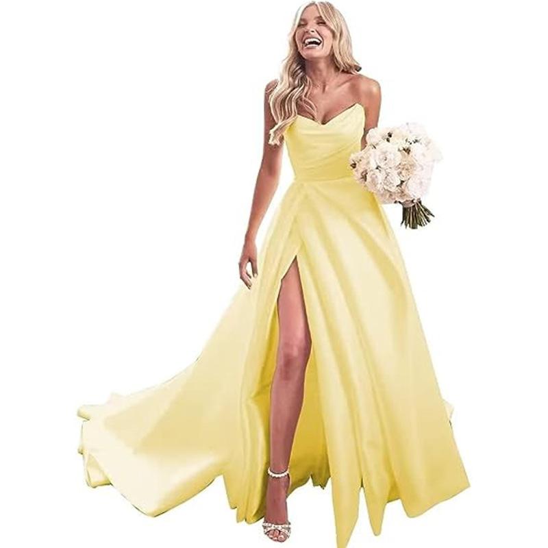 レディース ロングドレス ストラップレス シンプル エレガント 端正 フレンチスタイル スリット パーティー イブニング フォーマル ミ..