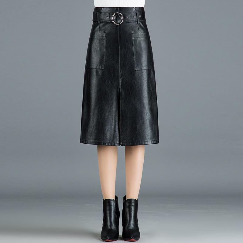 レディース スカート ハイウエスト レザー ヒップハグ ミドルロング スリット 秋冬 シンプル タイト 膝丈 ファッション 女性用 膝下 ロ..