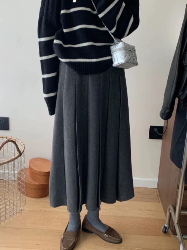 秋冬 レディース スカート プリーツ ニット 羊毛 厚手 暖か 膝丈 ミディ ロング 暖房 防寒 日常使い 通勤 通学 部屋着 軽量 吸湿速乾