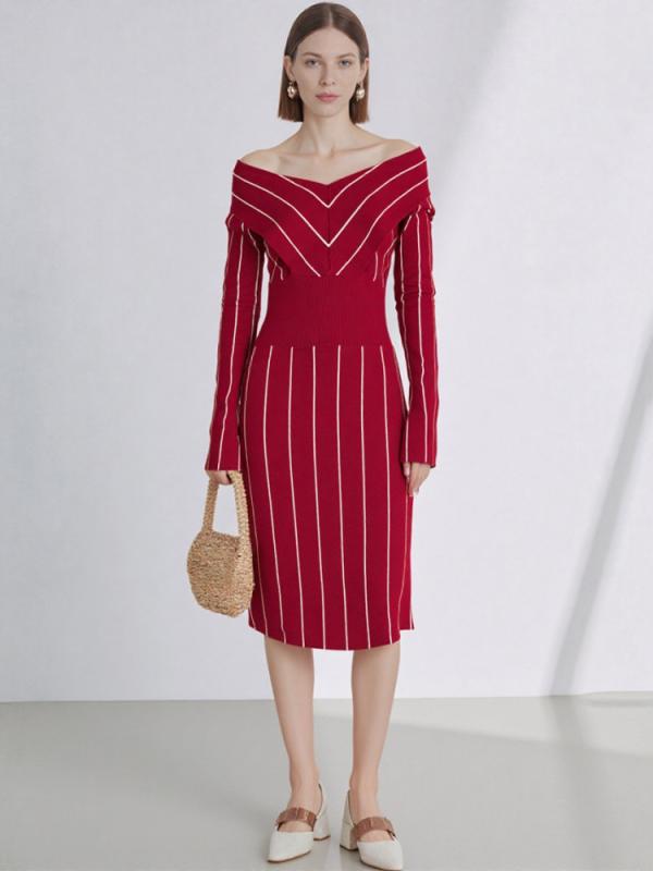 レディース ワンピース 秋冬 Vネック ストライプ ニット 長袖 高級感 ヒップハグ 洋風 ファッション コーディネート アイテム デザイン..