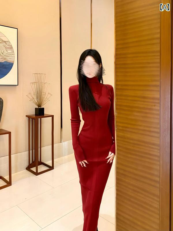 くらしのセロネのワンピース レディース 秋冬 ニット 赤 高級感 コート内搭 軽やか 暖かみ レイヤード ユニーク デザイン スタイリッシュ ソフト 通勤 デート 日常 個性的 快適 着心地｜アングル2