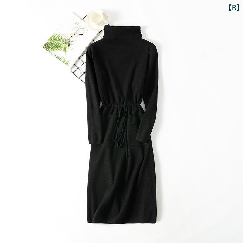 秋冬 レディース ハイネック ニットワンピース ロング丈 膝下丈 ビビッドレッド 慶事用 フォーマルドレス セータースカート 暖か素材 ウールライク トレンドデザイン