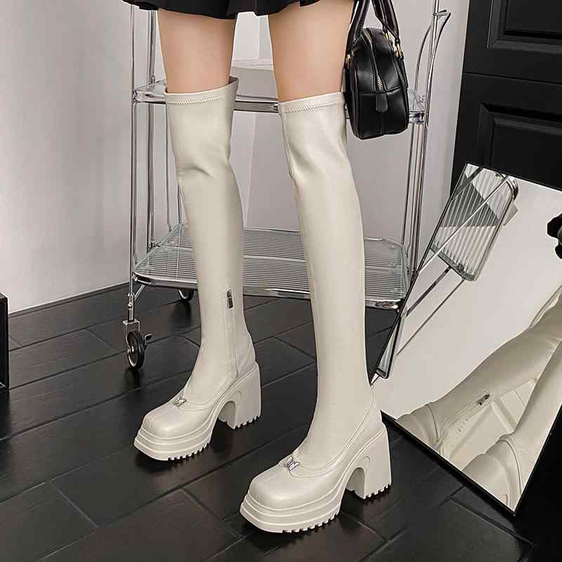 レディース 秋冬 過膝 ロングブーツ 10cm ハイヒール スクエアトゥ 厚底 太ヒール 身長アップ スリムレッグ ファッション 汎用 ロング丈 ブーツ