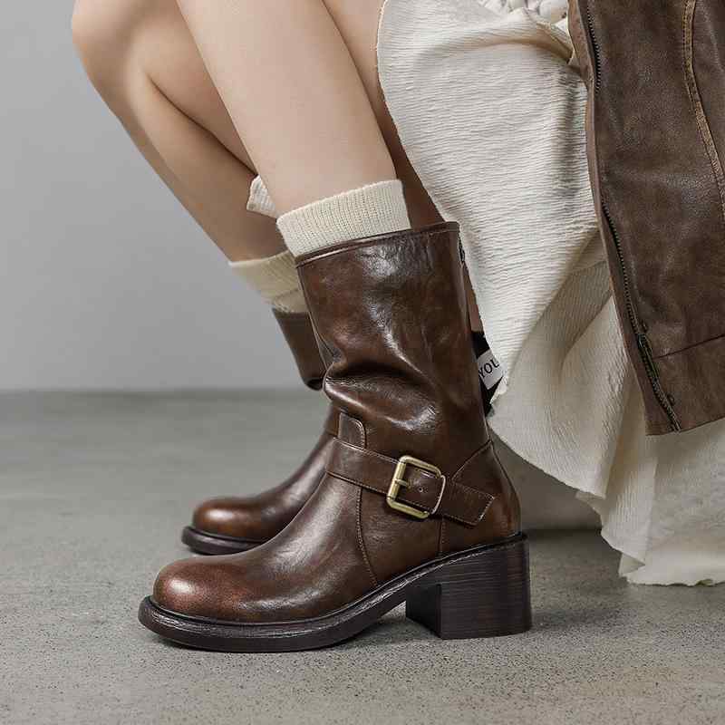 秋冬 レディース 中筒ブーツ 本革 太ヒール ベルトバックル 英倫風 通勤 シンプル レジャー ファッショ..