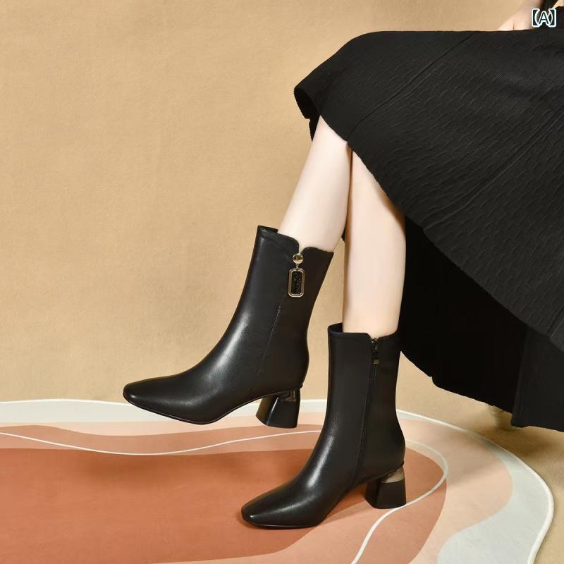 ショートブーツ レディース 秋冬 厚底ヒール サイドジッパー スクエアトゥ ゴム底 ファッション 防水 暖か スタイリッシュ 歩きやすい コーディネート デイリー トラッド モード ロングセラー ベーシック トレンド 人気カラー サイズ展開 履き心地 耐