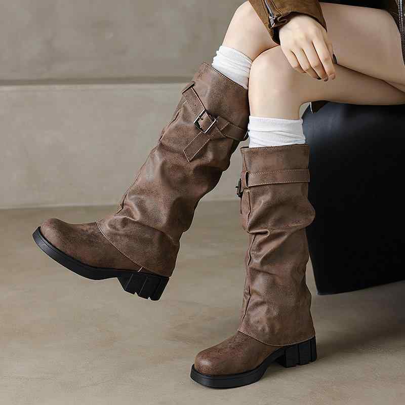 ブーツ レディース 秋冬 レトロ シンプル スリム ローヒール ワイドサイズ 厚底 バイカー 騎士