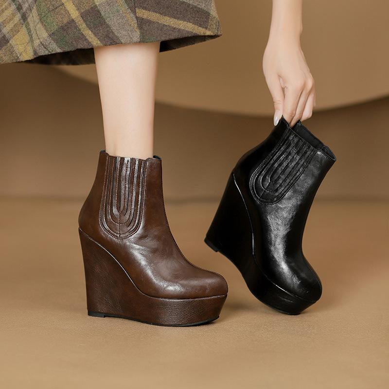 秋冬 レディース 厚底 12cmヒール ウェッジソール ショートブーツ シンプル スタイリッシュ ファッショ..