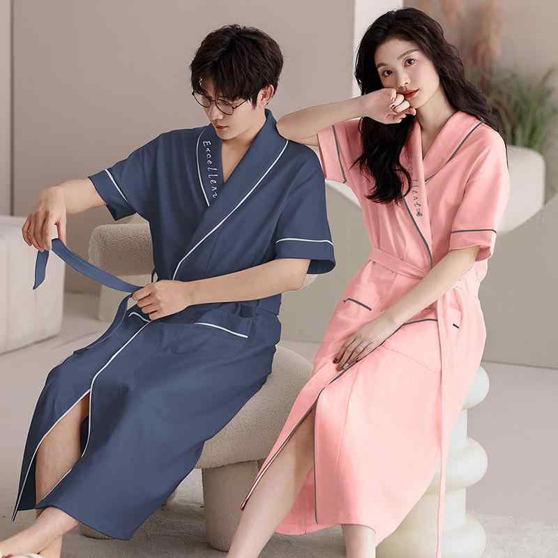 パジャマ浴袍 男女兼用 メンズ レディース カップルペア 春夏 短袖 綿 中長丈 かわいい ルームウェア ..