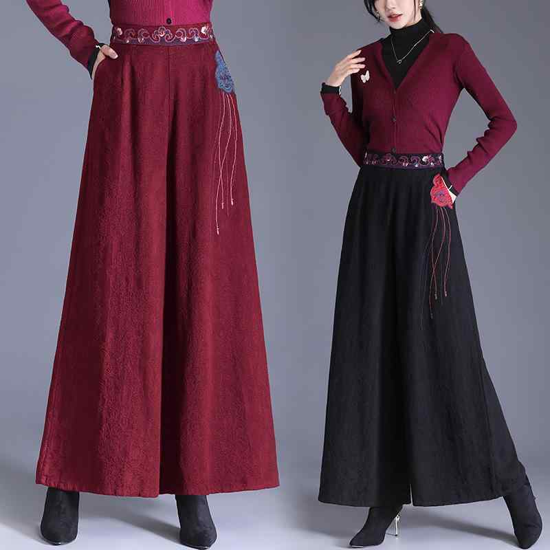 ワイドパンツ レディース 秋冬 ハイウエスト 綿麻 重工刺繍 提花 大サイズ カジュアル ロング 中国風 デザイン ゆったり