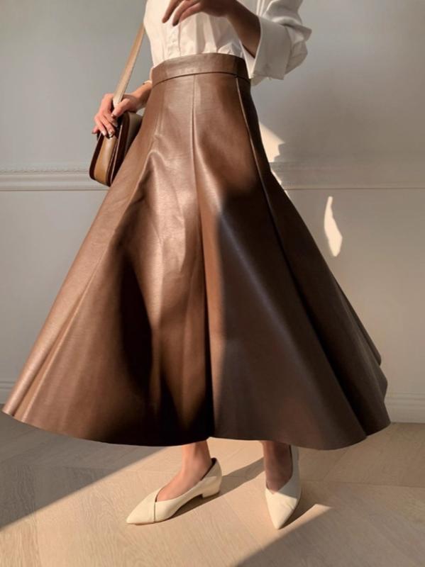 レディース スカート 秋冬 韓国風 シンプル フレア レザー ミディ丈 膝下丈 通勤 カジュアル デイリー コーデ スタイリッシュ ハイウエスト 軽量 吸湿速乾 再生繊維 ブラック ピンク系