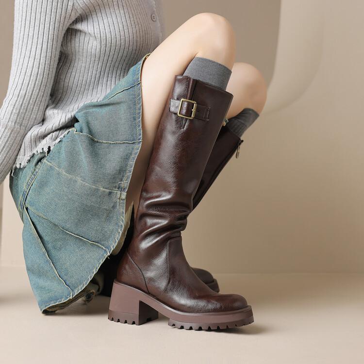 秋冬 レディース ロングブーツ 厚底 ハイヒール ラウンドトゥ チャンキーヒール サイドジッパー シンプル クール デイリー カジュアル ..