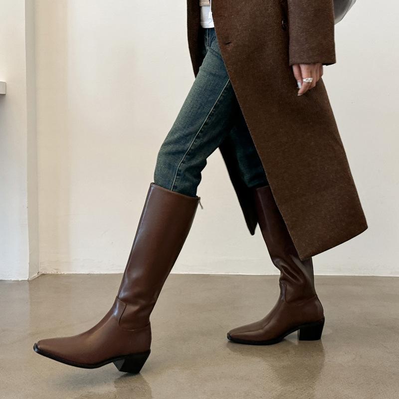 ロングブーツ レディース ライダーブーツ 牛革 真皮 シンプル ベーシック スクエアトゥ 太め中ヒール 秋冬 コートコーデ 通勤 アウトドア