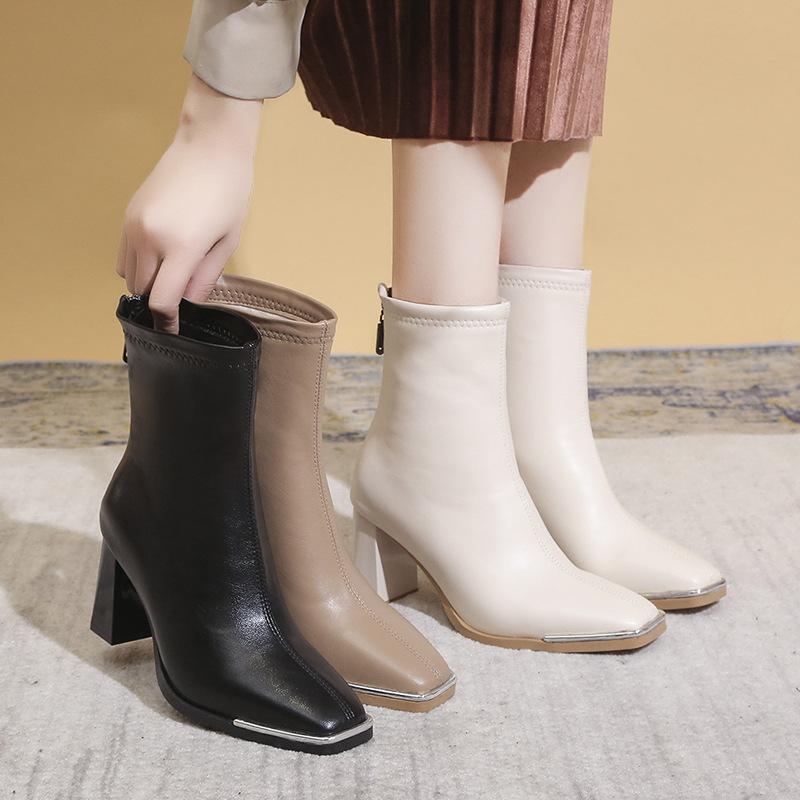 ショートブーツ レディース スクエアトゥ 後ろジッパー シンプル ハイヒール 秋冬 ファッション 軽量 吸湿速乾 デニム調 ブラック ピン..