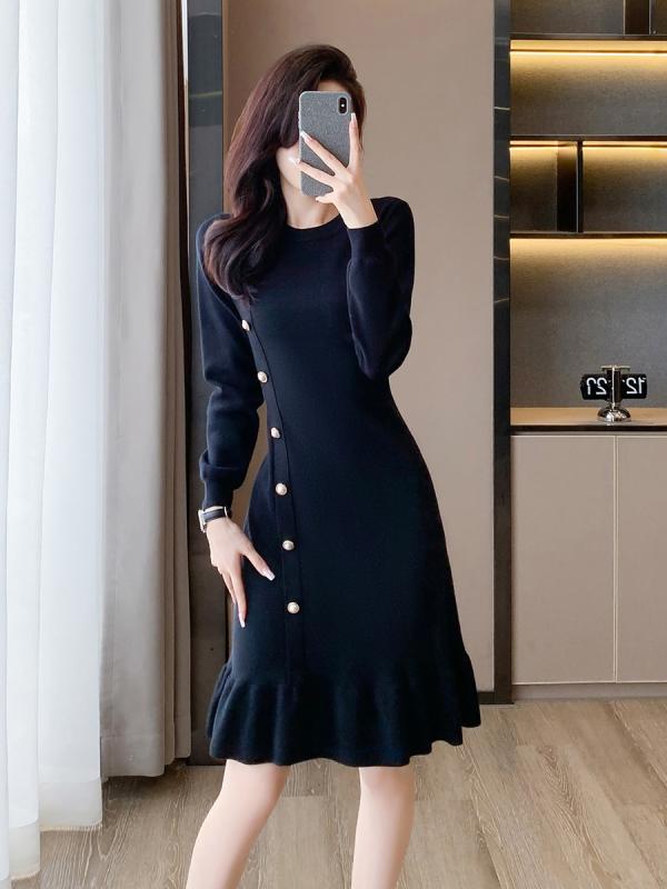 秋冬 レディース ワンピース 長袖 ニット 魚尾 黒 インナー 暖か レイヤード 通勤 秋冬ファッション ニットトップス スカート ハイウエスト 吸湿速乾 軽量 再生繊維 ブラック ピンク系 デニム 綿 麻