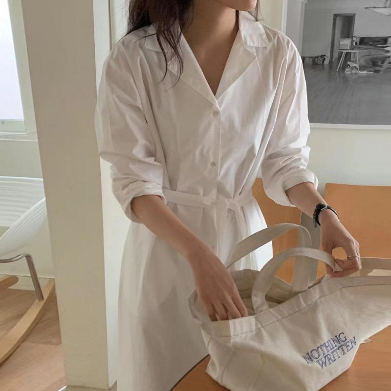 ワンピース レディース ゆったり 長袖 スーツカラー シングルブレスト 系帯 シンプル シック 優しい 多用途 日常 通勤 通学 着回し ルーズ トップス ドレス 接触冷感