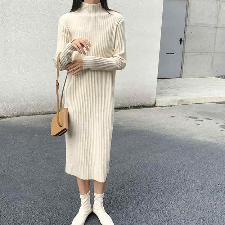 秋冬 レディース ニットワンピース ハーフハイネック 膝下丈 ストレート ミドルロング 大衣合わせ 単色 スリム 気質 ベースレイヤー