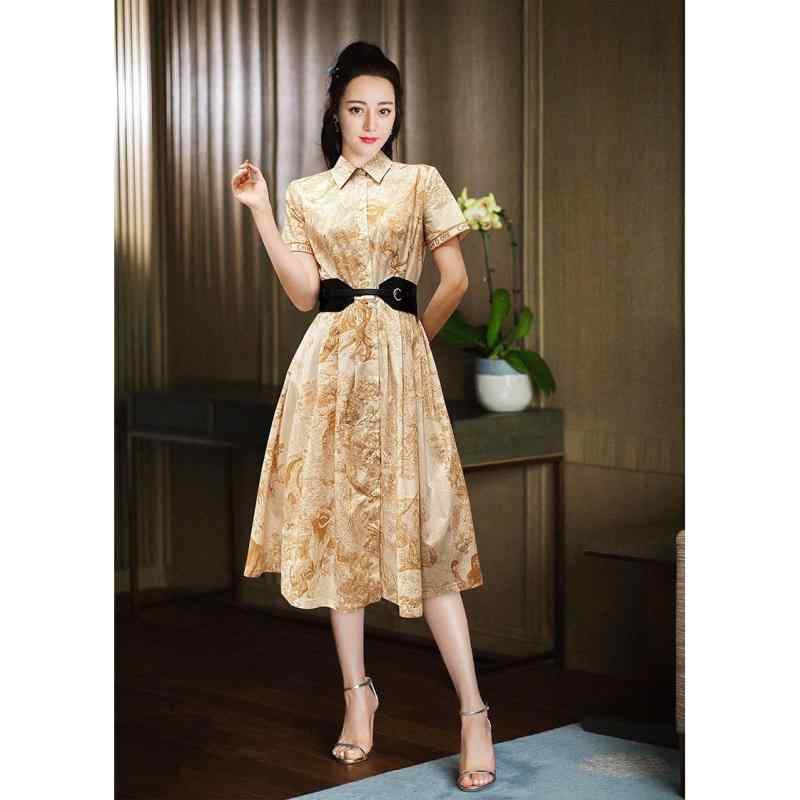 レディース ワンピース ジャングルプリント シャツカラー スリム 通勤 シンプル ロング丈 上品 デザイン