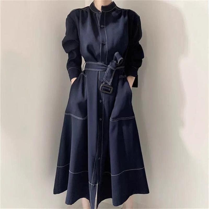 レディース ワンピース エレガント スタンドカラー シングルブレスト ゆったり タイ トレンチコート風 ロングドレス ミニマリスト シンプル 秋冬