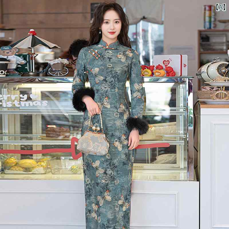 チャイナドレス レディース 秋冬 加絨 ベルベット 改良型 レトロ 民国風 スリム スタイリッシュ 日常着 接触冷感 再生繊維 軽量 ハイウエスト かわいい 切り替えデザイン