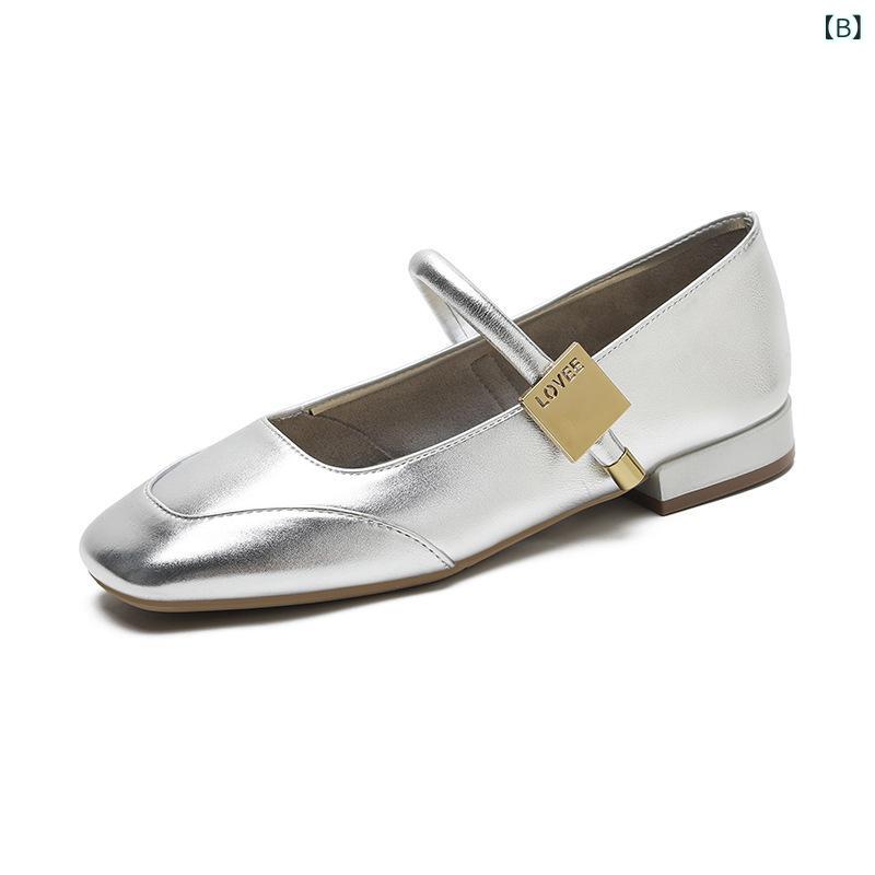 春夏 レディース メアリージェーンシューズ フレンチスタイル 赤黒 杏色 シルバー スクエアトゥ 浅口 ローカット 革素材 シングルシューズ スカートコーデ フラットシューズ 女性用靴 日常使い