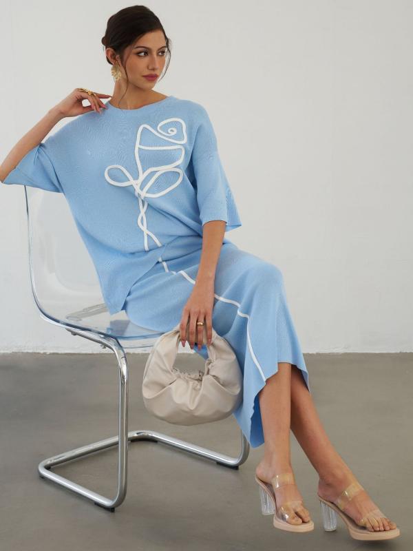 トップス スカート 2点セット レディース 春夏 欧米風 シンプル カジュアル 抽象柄 ラウンドネック ゆったり ショートスリーブ ニット ハイウエスト ストレートスカート