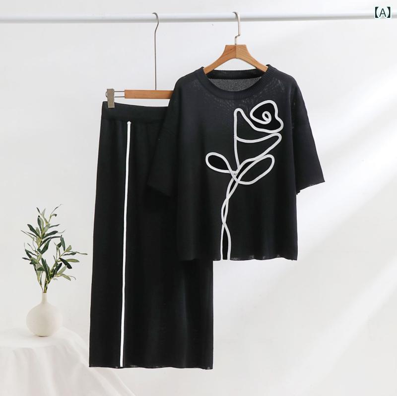 トップス スカート 2点セット レディース 春夏 欧米風 シンプル カジュアル 抽象柄 ラウンドネック ゆったり ショートスリーブ ニット ハイウエスト ストレートスカート