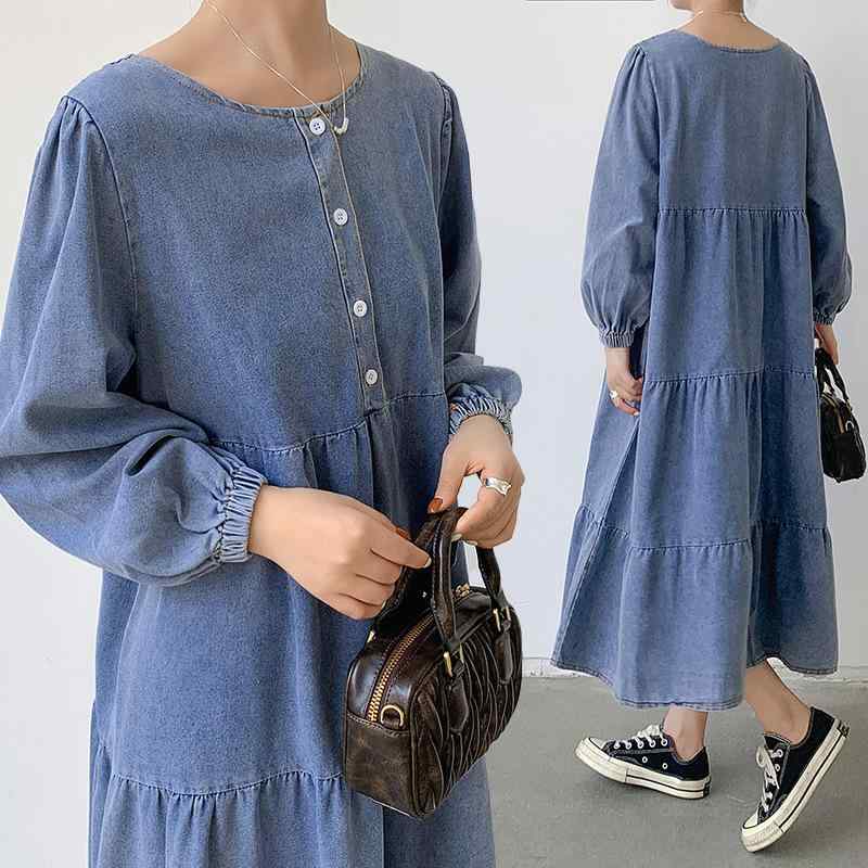 ・生地: デニム・組み合わせ: 単品・スカート丈: ロングスカート・スカート型: Aラインスカート・襟型: クルーネック・袖型: 通常袖・袖丈: ロングスリーブ・ウエスト: ルーズ・主素材: ポリエステル・カラー: ダークブルー,ライトブル...