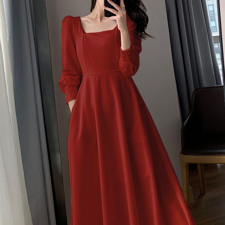 秋冬 レディース ワンピース 長袖 フレンチスタイル シンプル 通勤 Aライン エレガント レトロ ヘプバーン風 気質 優雅 復古 スカート 大きめ スカート フレア スカート 膝丈 ワンピース 膝下 ワンピース 膝丈 ロング ワンピース ミディ ワンピ