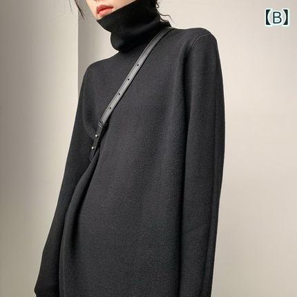 秋冬 ワンピース レディース 高領 ニット 中長丈 厚手 シンプル インナー スリム 膝下 ベースレイヤー 暖か 暖房 防寒 レイヤード コーディネート 日常使い