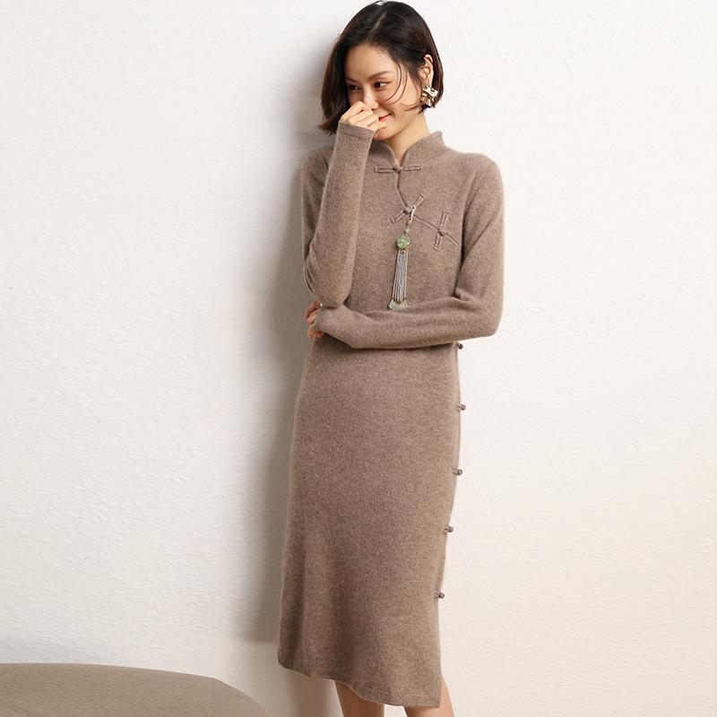 チャイナドレス レディース 秋冬 ニット ロングスカート スタンドカラー 無地 シンプル レトロ 中国風 スリムフィット スリム見せ カシ..