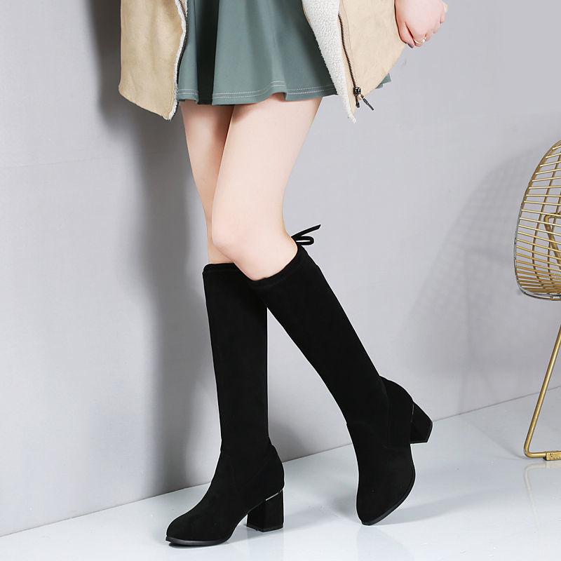 レディース 秋冬 膝下丈 ロングブーツ 暖かライニング ヒール ストレッチ素材 スリムレッグ 弾力 伸縮..
