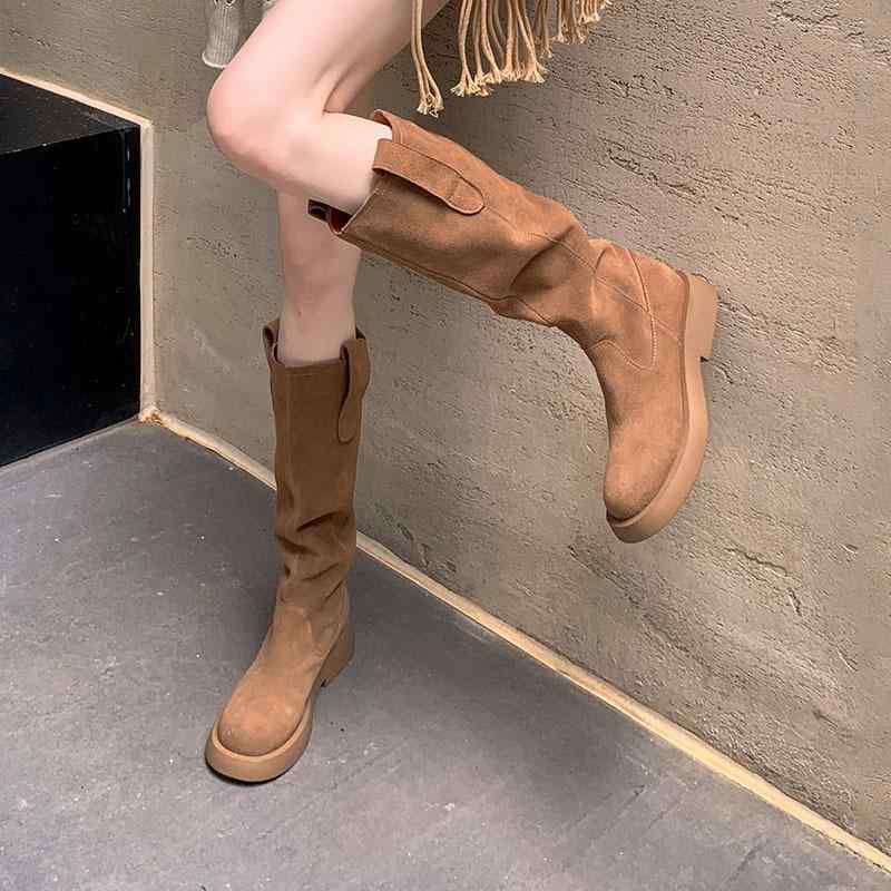 レディース 厚底 ウェスタン ブーツ ラウンドトゥ 切り替え 太ヒール 中ヒール ハイカット シンプル 欧..