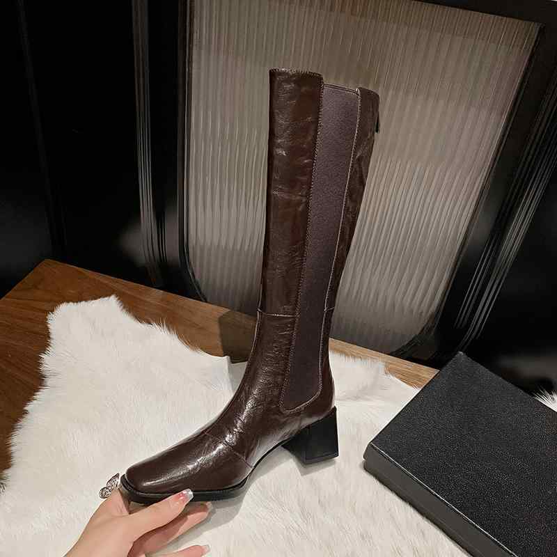秋冬 ライダーブーツ 羊革 スクエアトゥ 厚底ヒール ロング丈 レッグカバー ハイカット 筒長 シンプル 百搭 スタイリッシュ トレンド ..