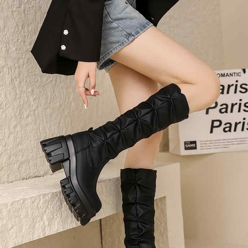 ロングブーツ レディース 秋冬 ライダースタイル オフホワイト 細見え 厚底 ハイヒール 太ヒール 膝下丈 高筒 吸湿速乾 軽量 デニム調 ストレッチ素材 通勤 通学 アウトドア