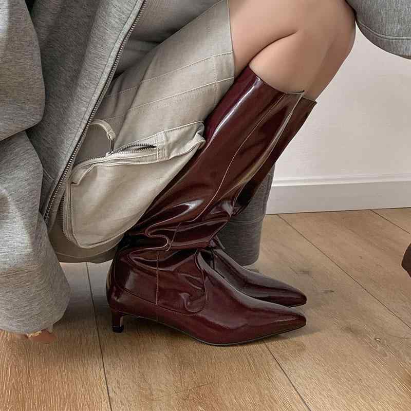 レディース 膝丈ブーツ ポインテッドトゥ 細ヒール 牛革 切り替えデザイン 中ヒール シンプル ファッシ..