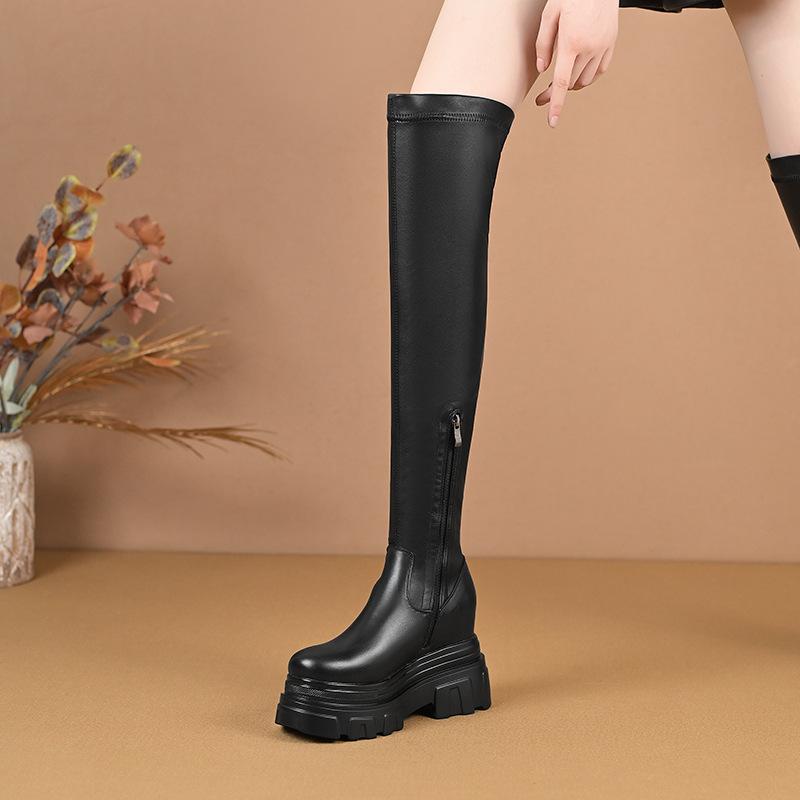 秋冬 レディース ロングブーツ 10cm 厚底 内増高 小柄向け 身長アップ スリム オーバーニー 丸頭 騎士..