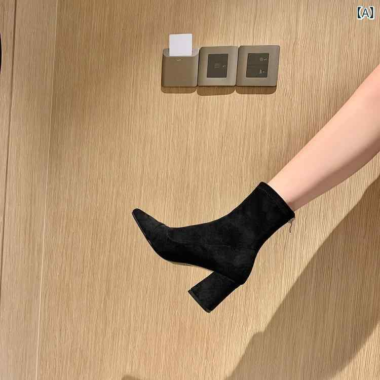 ショートブーツ レディース 秋冬 スエード 太ヒール スクエアトゥ 後ろジッパー ストレッチ スリムフィット シンプル 快適 履きやすい 通勤用 カジュアル ファッション 2