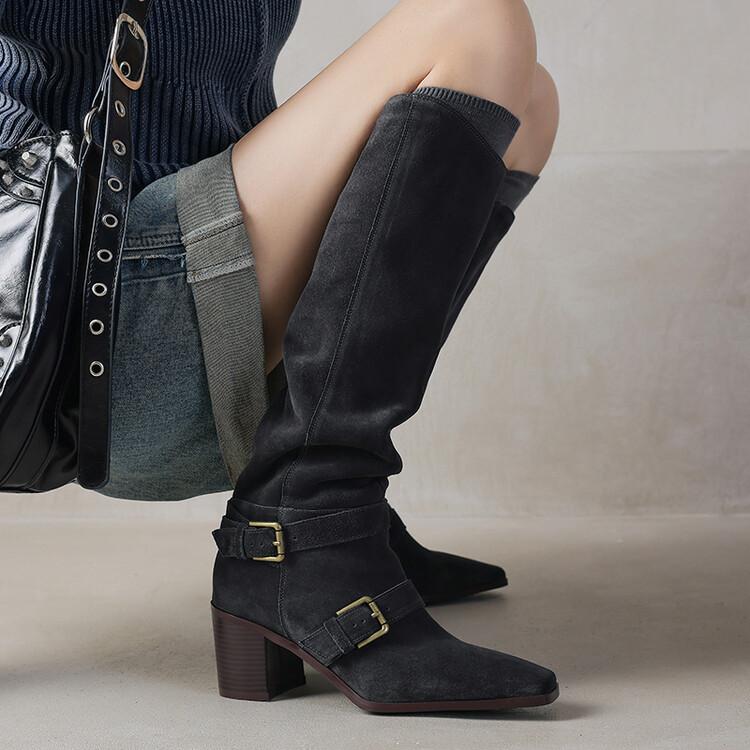 ロングブーツ レディース 本革 フレンチ レトロ スクエアトゥ チャンキーヒール ウエスタン カウボーイ Vカット フェイクファー ミッドカーフ ハイヒール 秋冬 軽量 吸湿速乾