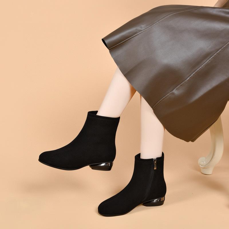 アンクルブーツ レディース 秋冬 フラット ブラック レザー スリム ストレート シンプル 気質 コットン..
