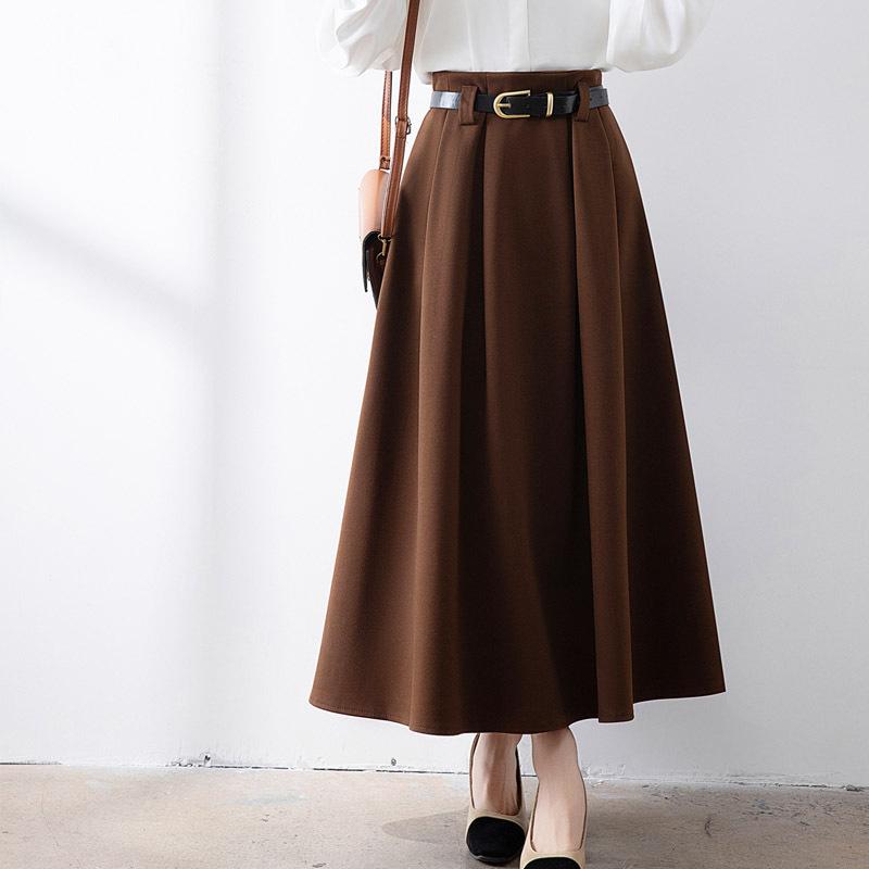 スカート レディース 秋冬 ハイウエスト プリーツ ミドル丈 ウール混紡 細見え ヒップカバー 大きめフレア Aライン 遮肉 ロング丈 膝下 膝丈 膝上 百褶 毛織り 暖か 防寒 スタイリッシュ 膝カバー 脚長効果 ウエストマーク ボリューム裾 広がり