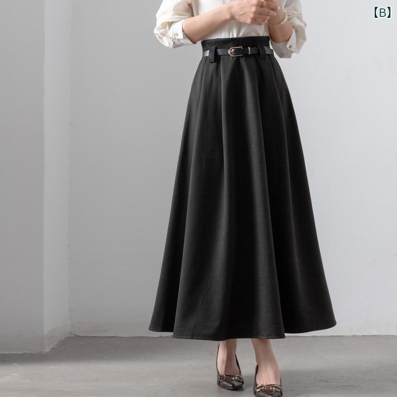 スカート レディース 秋冬 ハイウエスト プリーツ ミドル丈 ウール混紡 細見え ヒップカバー 大きめフレア Aライン 遮肉 ロング丈 膝下 膝丈 膝上 百褶 毛織り 暖か 防寒 スタイリッシュ 膝カバー 脚長効果 ウエストマーク ボリューム裾 広がり