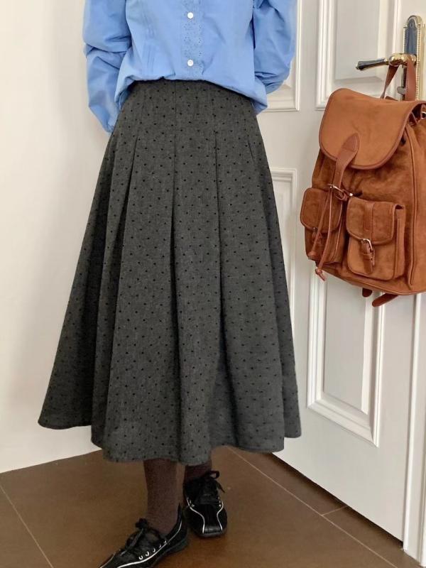 レディーススカート 韓国風レトロ 伸縮ハイウエスト 細見え ポルカドット シンプル 秋冬 コーデしやすい ミディ丈