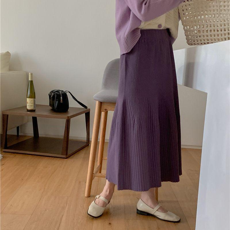 スカート レディース 秋冬 A字 中長丈 ニット プリーツ 百褶 スリム ヒップカバー 百搭 万能 コーディネート スタイリッシュ 軽量 快適