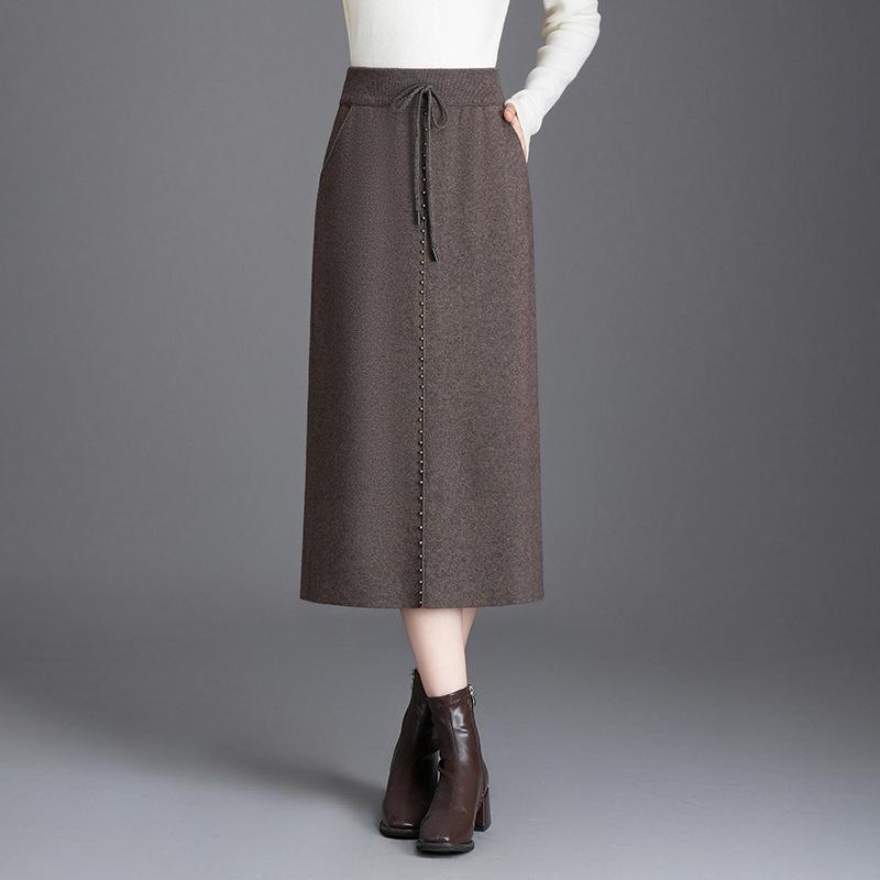 秋冬 レディース ニット ペンシルスカート ミドル丈 シンプル スリム ヒップハグ 伸縮ウエスト 気品 通勤