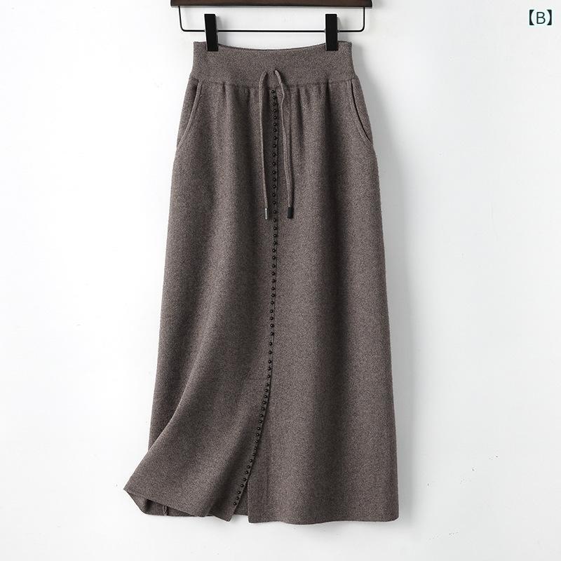 秋冬 レディース ニット ペンシルスカート ミドル丈 シンプル スリム ヒップハグ 伸縮ウエスト 気品 通勤