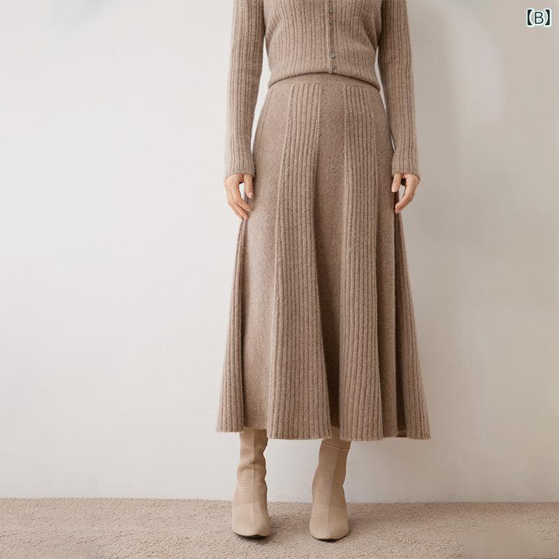 スカート レディース 秋冬 カシミア ニット Aライン ルーズ 厚手 リブ シンプル コーディネート 万能 暖か ミディ丈 フレア ハイウエスト 吸湿速乾 再生繊維 軽量 通勤 通学 アウトドア 3
