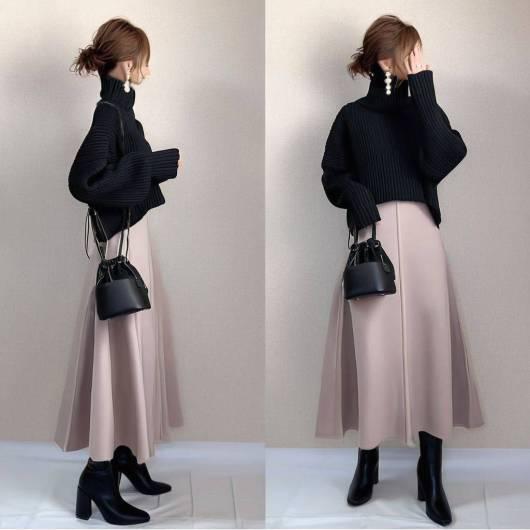 秋冬 レディース タートルネックセーター ウール ハーフスカート セット シンプル 単色 ニットトップス ミディ丈 暖か素材 日常使い コーディネート