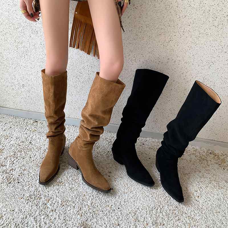 ロングブーツ レディース 太ヒール 厚底 ミドル丈 秋冬 弾力ベルベット マット加工 コーデ万能 スタイ..